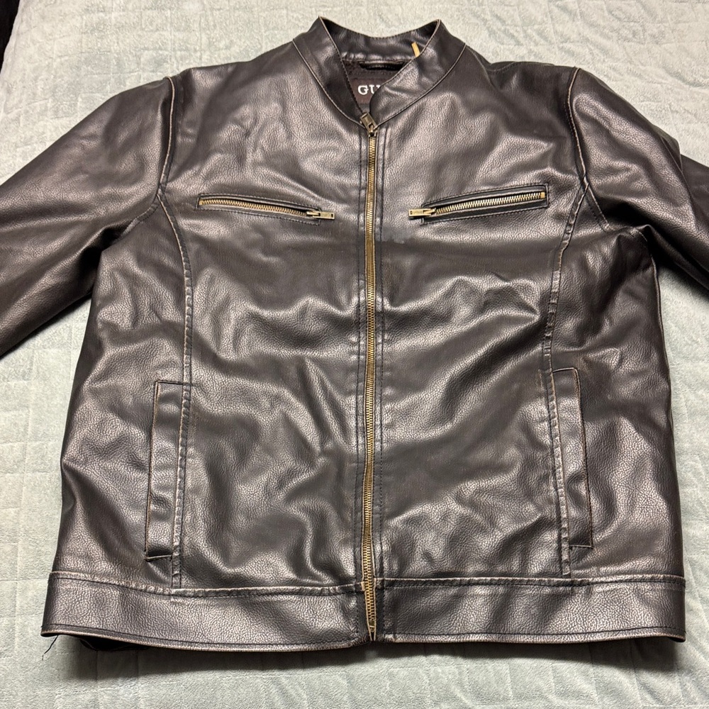Guess Faux Leather Jacket, Brown, Sherpa Interior, Pockets, Size M